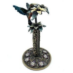 Enameled Brass Hummingbird Ring Holder Jewelry Stand Vintage Spoontiques